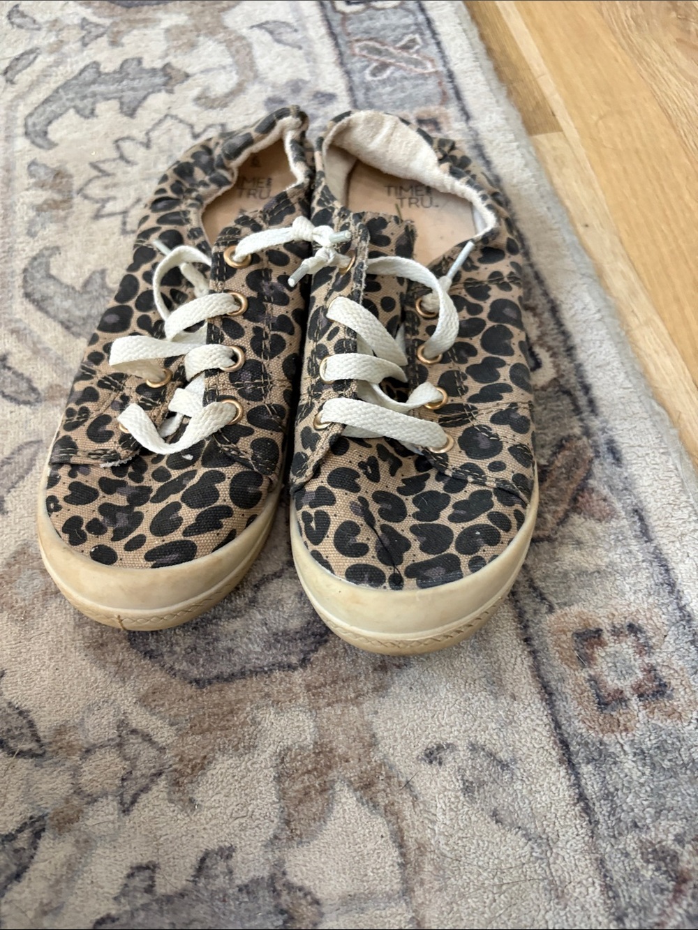 Time and Tru Leopard Print Canvas Lace-Up Flats in Tan and Black